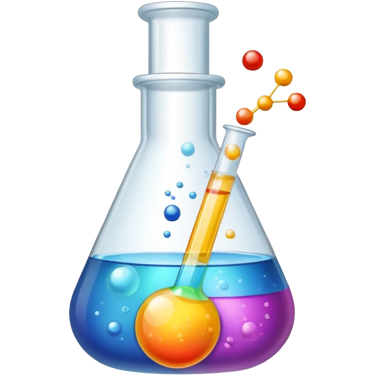 An icon featuring a chemical flask, bubbling with liquid, and an atomic structure, symbolizing chemistry. The design includes molecules, a periodic table, and laboratory equipment, representing the study of chemical reactions and elements. Transparent background highlights scientific research. emoji