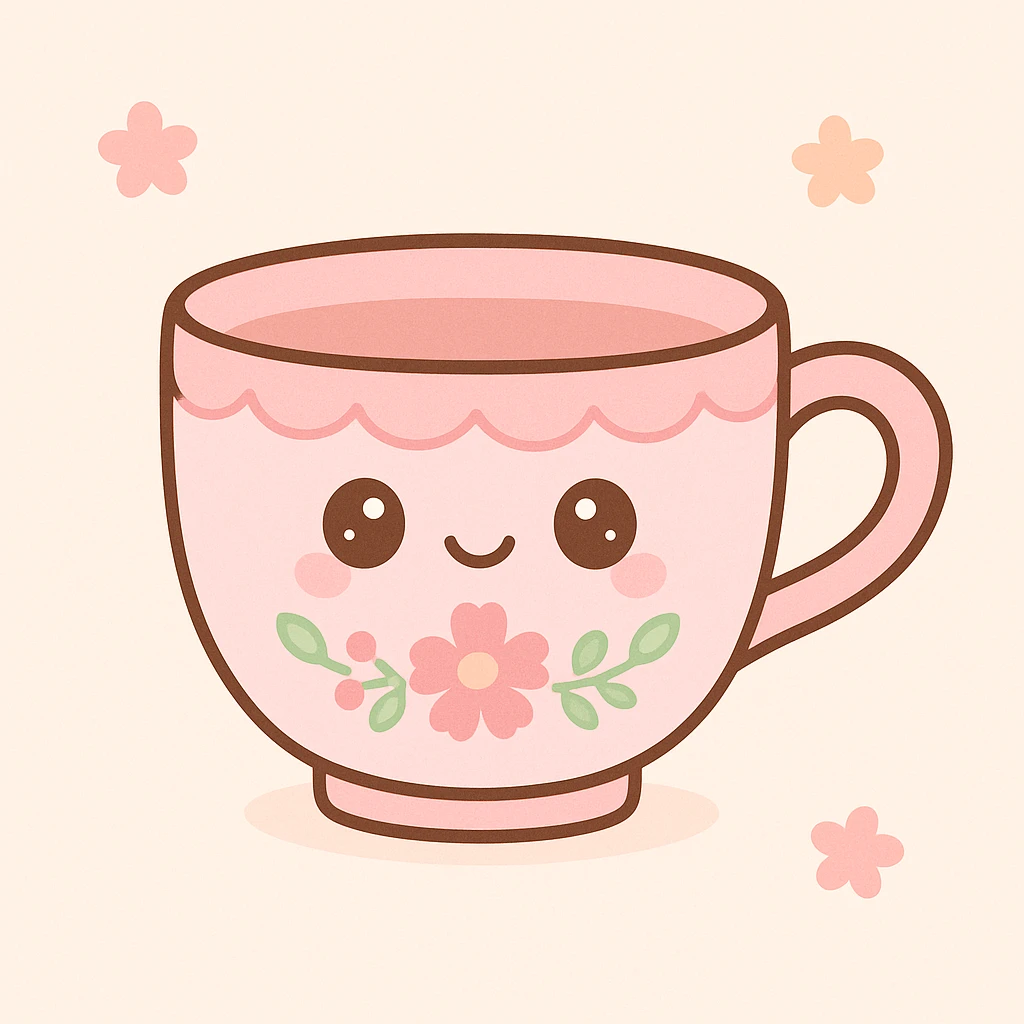 a pink teacup with floral patterns, cottagecore style, delicate and vintage look emoji