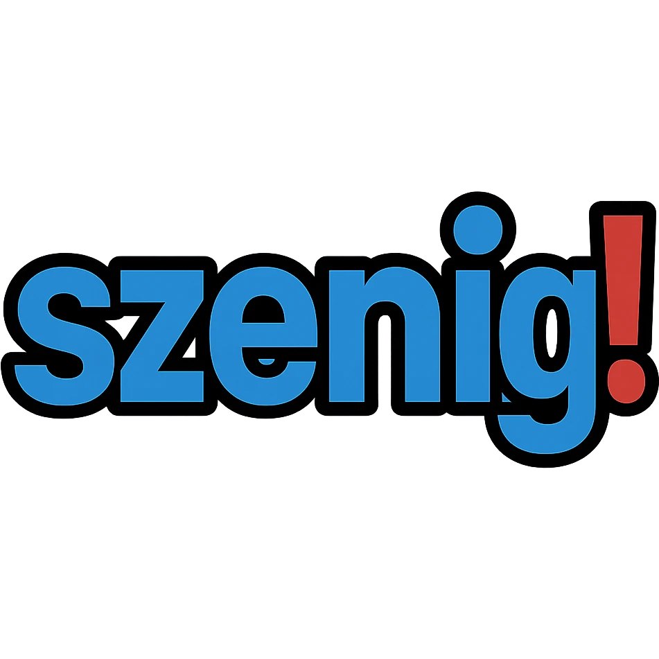 Text logo with the word 'szenig!' filling the entire area. The word 'szenig' is in blue, and only the exclamation mark is in red. Modern digital style with no background. emoji