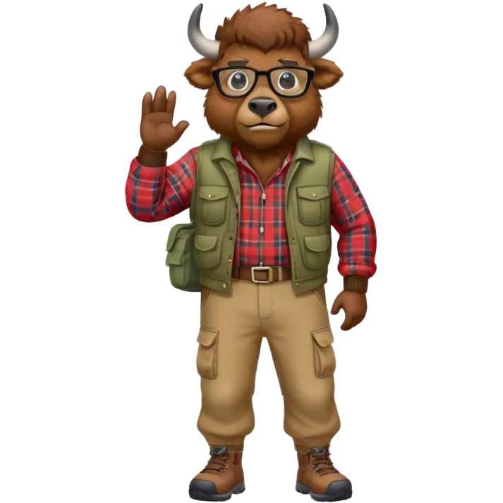 friendly anthropomorphised bison in cargo pants and plaid shirt, wearing glasses, jogging upright emoji