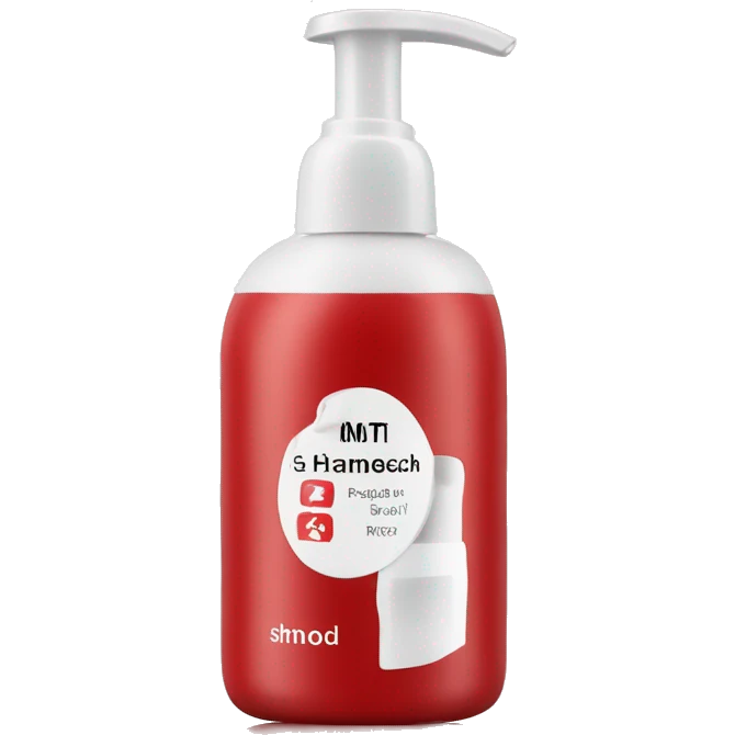 Red bottle of shampoo with white label and pump emoji