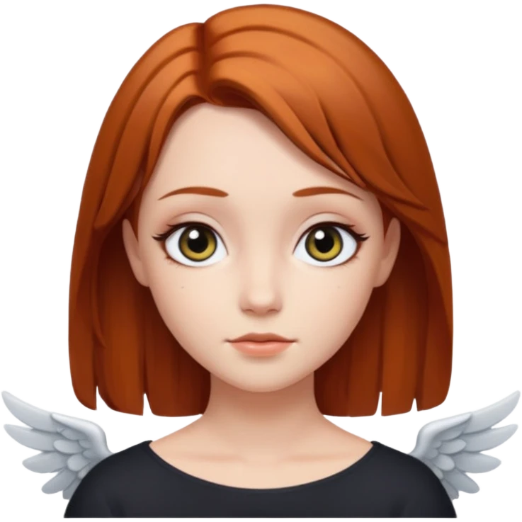 девушка ангел с рыжими прямыми волосами по плечи, с черными макияжем глаз, тонкими бровями, в стиле Apple avatar emoji