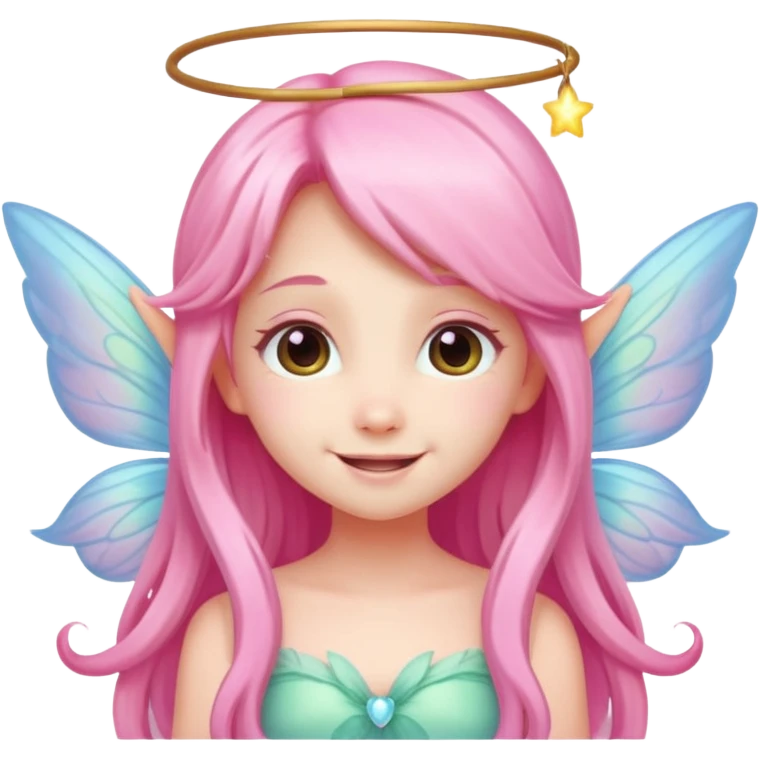 A tiny pastel fairy with pink long hair with glowing wings and a sweet smile  emoji