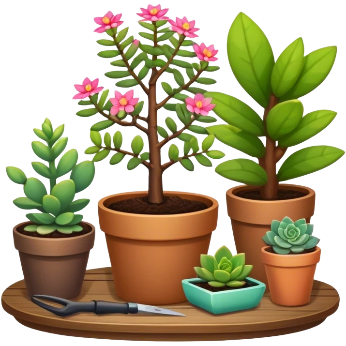 Close-up of a potted sapling with vibrant flowering plants around it, in rich soil. Sunlight filters through the window, casting soft shadows. Cozy indoor garden with blooming flowers, succulents, and gardening tools placed neatly on a wooden table. emoji
