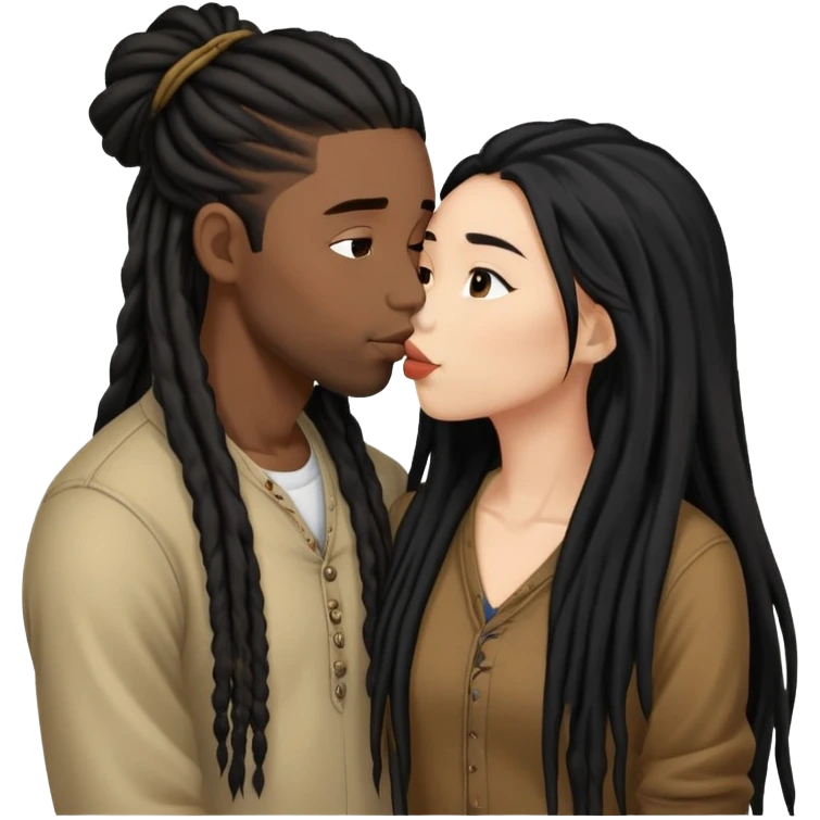 Asian Woman with long hair kissing a young black guy with dreads no beard emoji