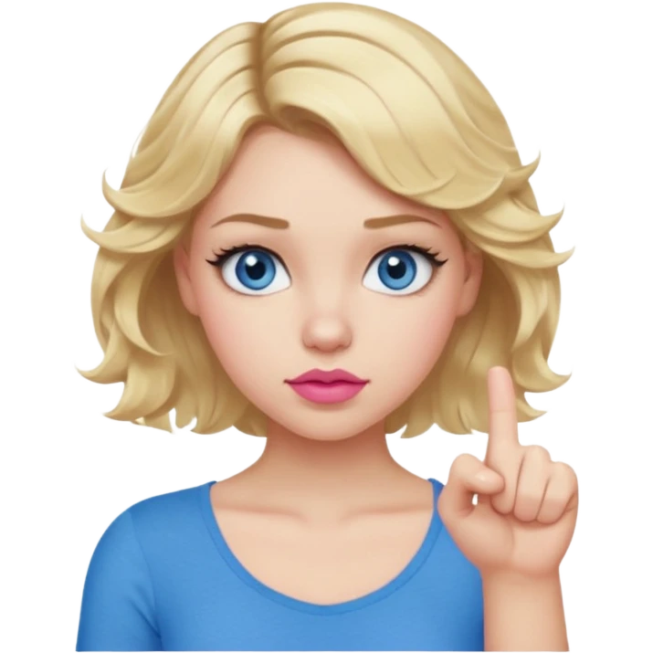 Girl Blonde short wavy hair,  blue eyes, cute blue top, long lashes, pink lips, showing thumbs down 👎  emoji