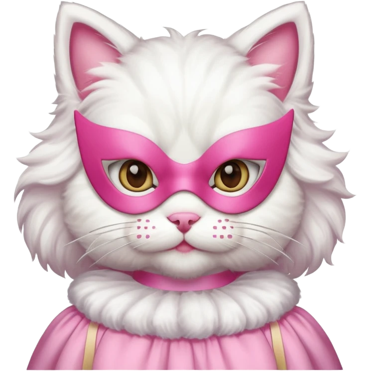 a white cat with pink mask and dress
 emoji