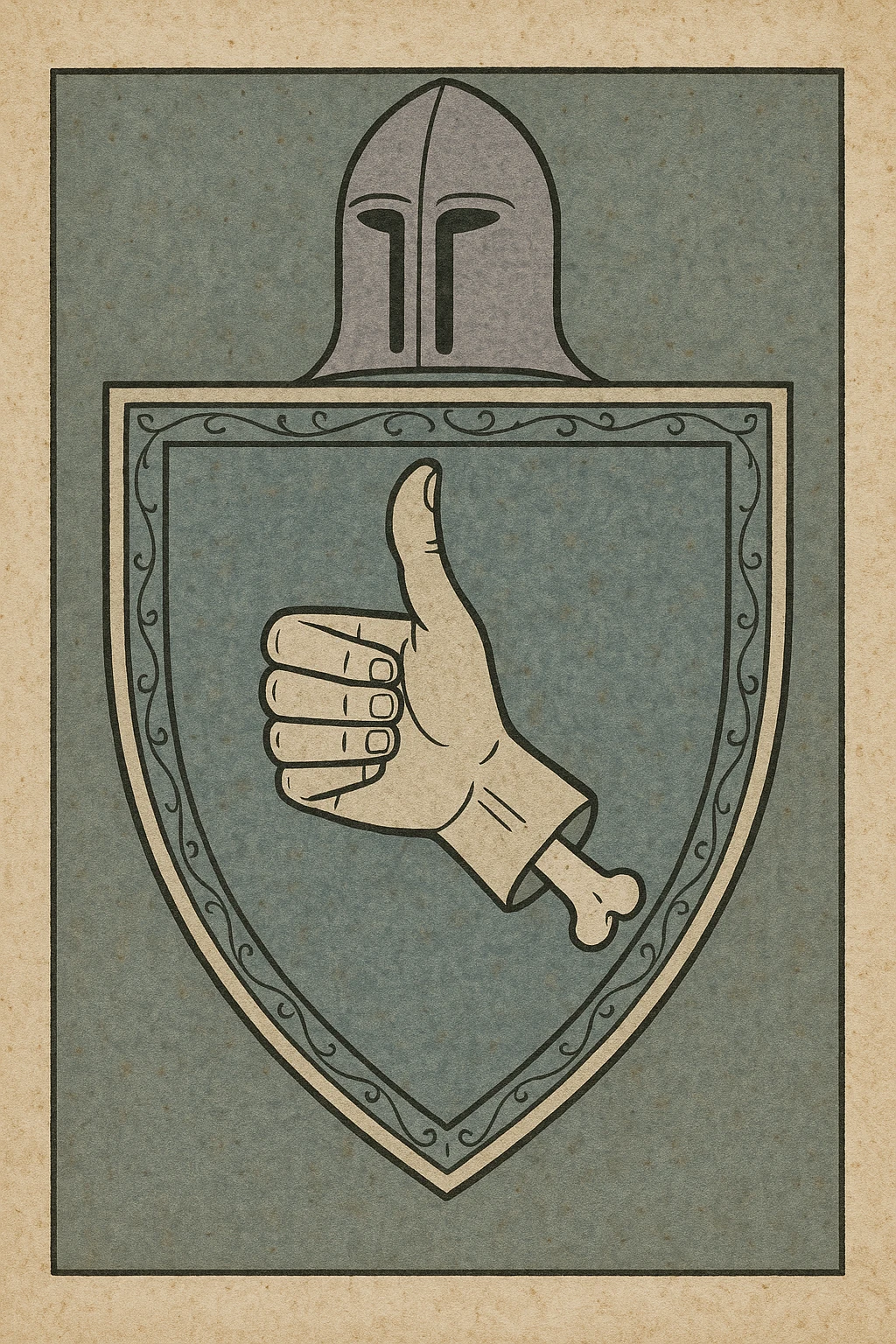medieval shield with a cut-off thumbs up hand, bone sticking out, classic coat of arms design emoji