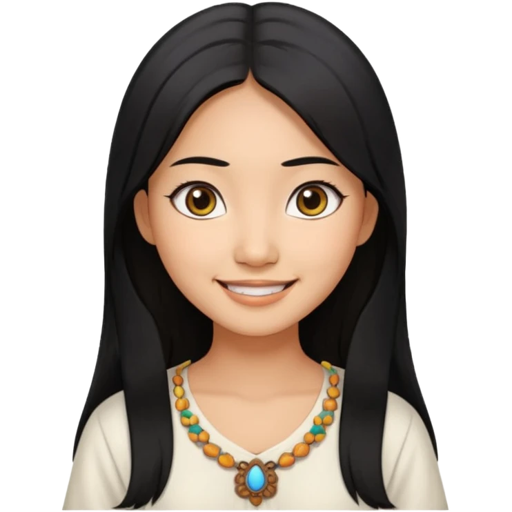 30 yr old asian woman center parted hair big eyes big smile tanned skin straight black hair hippie part hair white blouse emoji