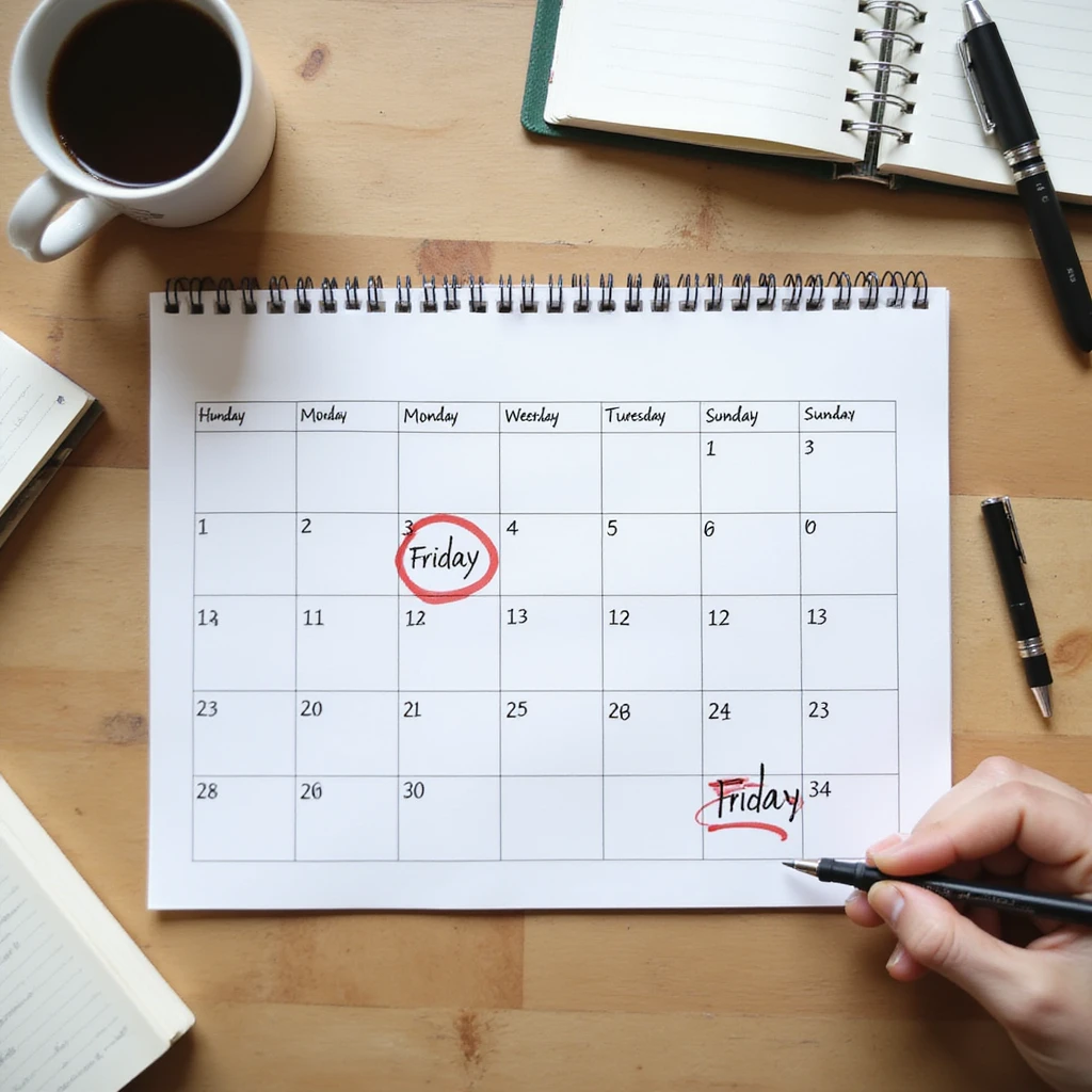 top view weekly calendar with days Monday to Sunday clearly written, Friday circled in red, hyperrealistic style, 4K details, desk or office atmosphere emoji