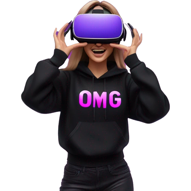 Russian girl wearing black hoody with violet letters "OMG", in vr headset oculus quest2. Dancing. Cyberpunk style. Violet neon. emoji