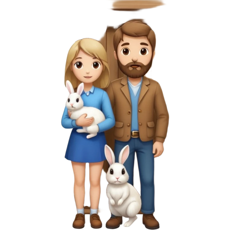 brown haired bearded man with a blond girl holding a rabbit with a front door behind them emoji