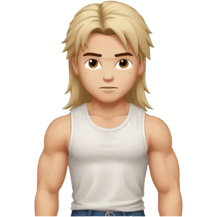 generate a pretty bratz boy with messy long mullet hair, sleeveless white tshirt, big biceps emoji