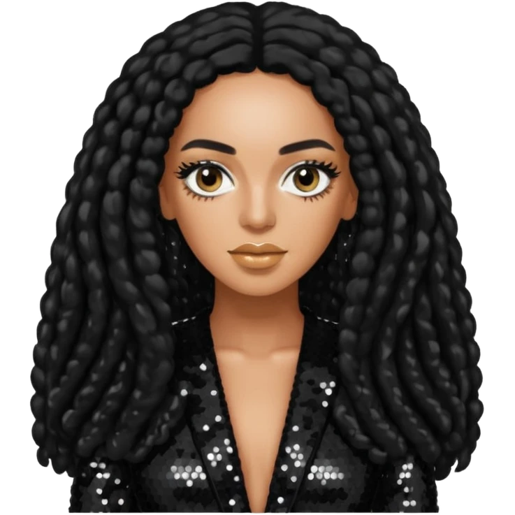 Solange with long black hair, black sequin outfit emoji