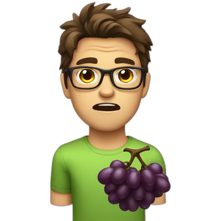 brown haired young and angry men with glasses, violently throwing grapes emoji