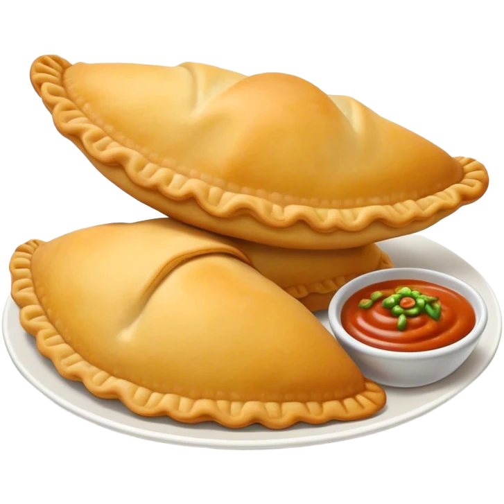 Cinematic Realistic Colombian Cornmeal Empanadas Emoji, showcasing the golden, crispy shell filled with savory meats and spices, served with a side of aji dipping sauce, rendered with vibrant textures and warm, inviting lighting. emoji