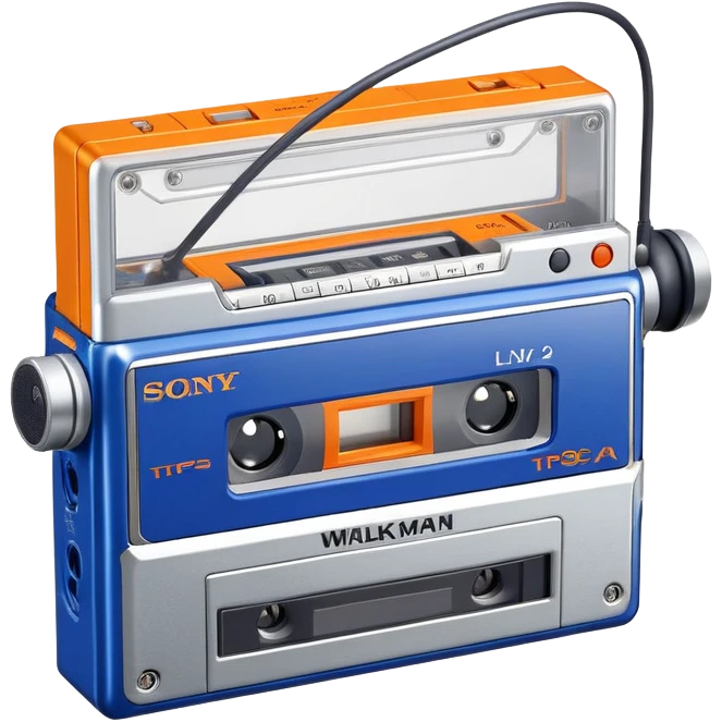 Sony Walkman TPS-L2 portable cassette player from 1979, blue and silver with orange buttons emoji
