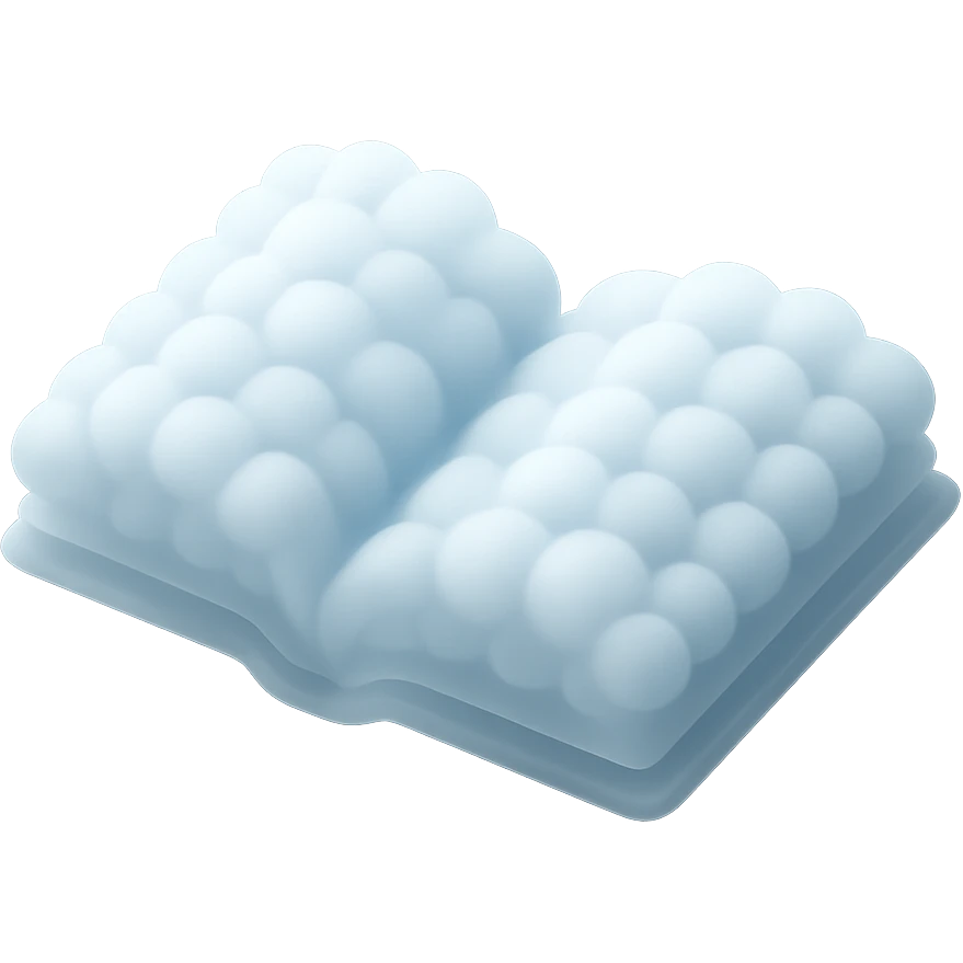 thick open book made entirely of small, very bright white fluffy convex clouds, matte glass style emoji