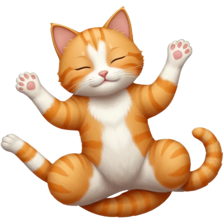ginger and white small cat eyes closed lying down upside down with paws stretched out straight in different directions emoji