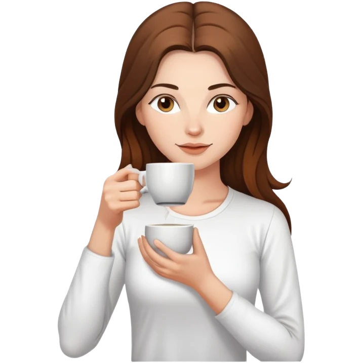 Yoga Woman white shirt long brown hair drinks coffee emoji
