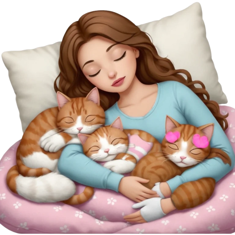 girl with long wavy brown hair, brown eyes, long lashes makeup, sexy pink lips, light to medium complexion,  sleeping on a cozy pillow, with 6 cats: 1 brown and white tabby cat, 1 ginger and white, 2 grey and white, 1 grey with white mittens and small white patch on chest and 1 calico, sleeping emoji