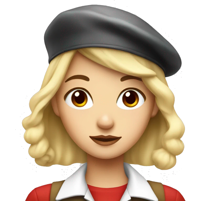 blonde girl, red eyes, white buttoned shirt, beret emoji