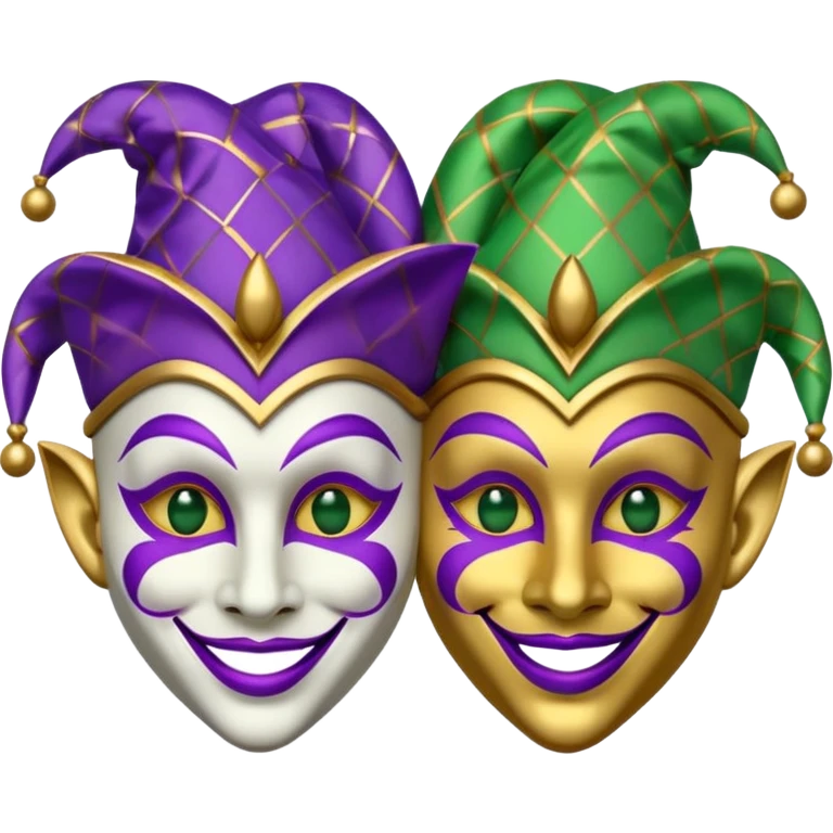 2 jesters masks for mardi gras in purple gold and green like this as the outline: 🎭 emoji