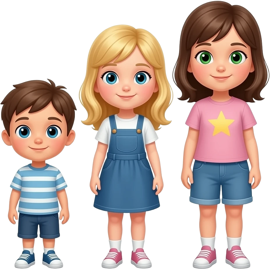 der bub ist am kleinsten. das mädchen ist mittelgroß und hat blonde haare. das andere mädchen ist die größte und hat grüne augen emoji