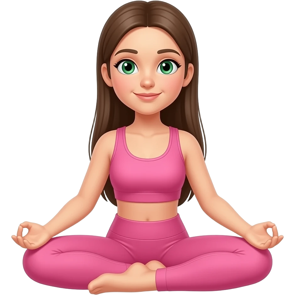 girl doing sit down yoga in a pink workout set with straight long brown hair and green eyes, dont make the head too big because i want it to be proportionate to the body please emoji