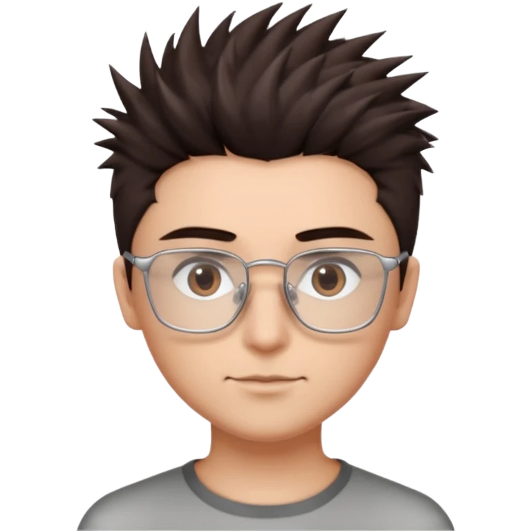 personagem com corte de cabelo espetadinho curto indo até o pescoço, cabelo castanho escuro, olho castanho escuro, sombrancelha castanho escuro, óculos sem aro prata quadrado. rosto fino emoji