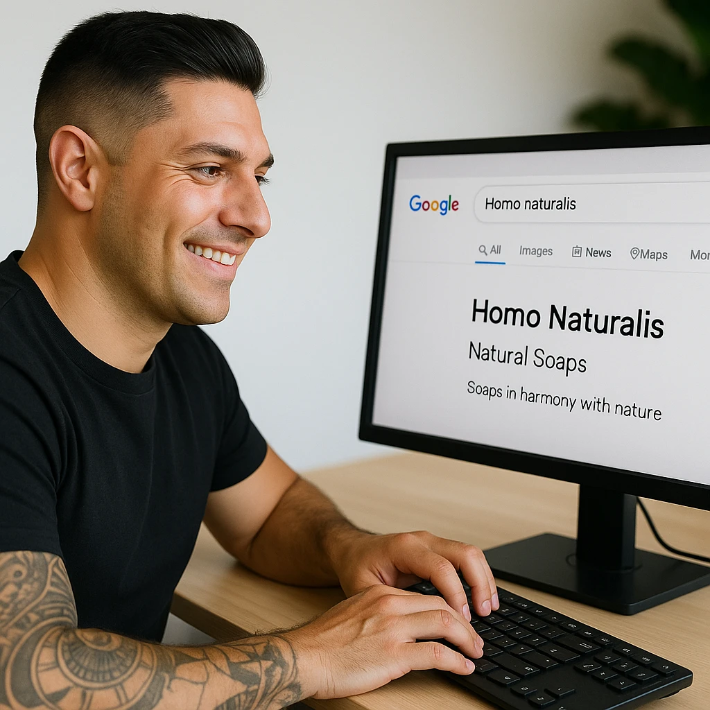 Update the image to show a man sitting at a PC, with the face and appearance matching the person in the reference photo. The man is searching on Google for 'Homo Naturalis'. On the screen, besides the search, clearly show that 'Homo Naturalis' is a brand of natural soaps, possibly with a short description or slogan. The tone should be natural and positive. emoji