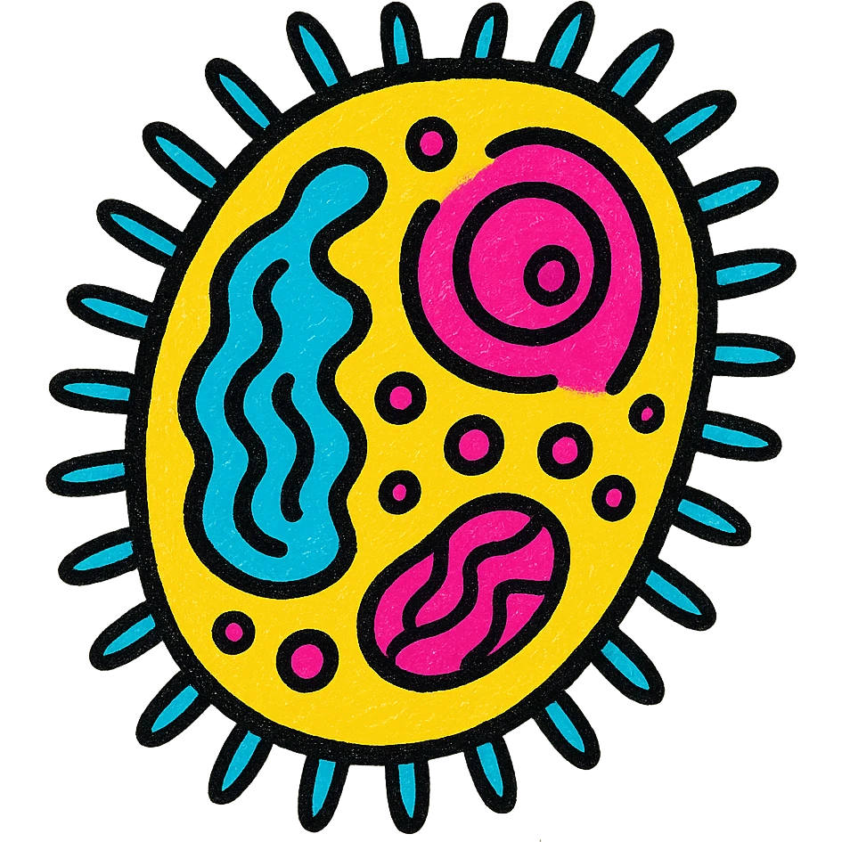 bacteria showing internal organelles, vibrant pop colors, bright and clear emoji