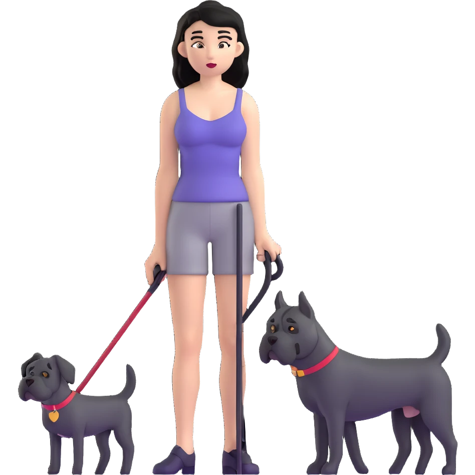 Woman with long black hair wearing spaghetti strap top holding a black Cane Corso dog with cropped ears and short tail emoji