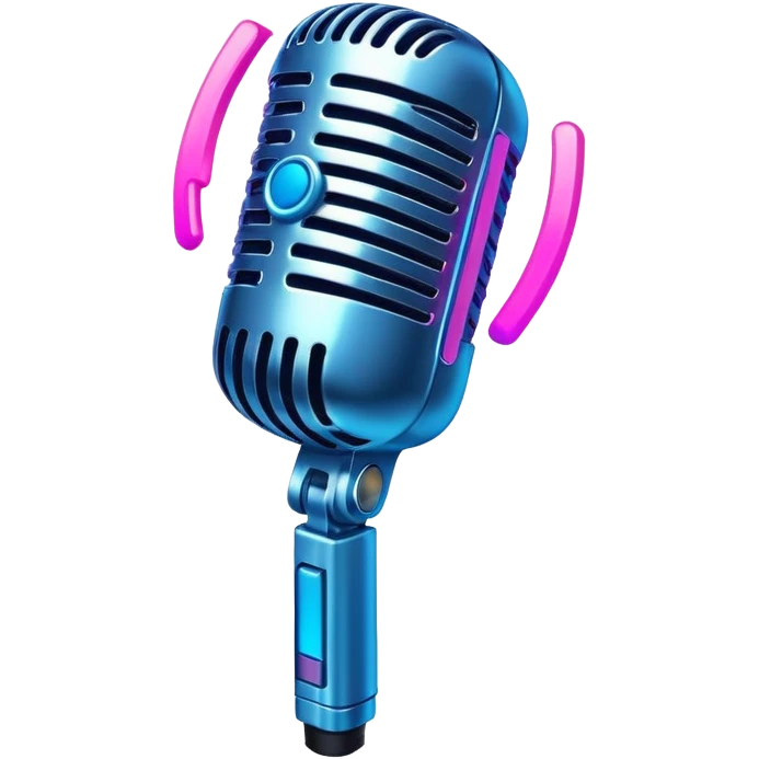 microphone with neon glow effect, blue neon glow on top left, pink neon glow on bottom right emoji