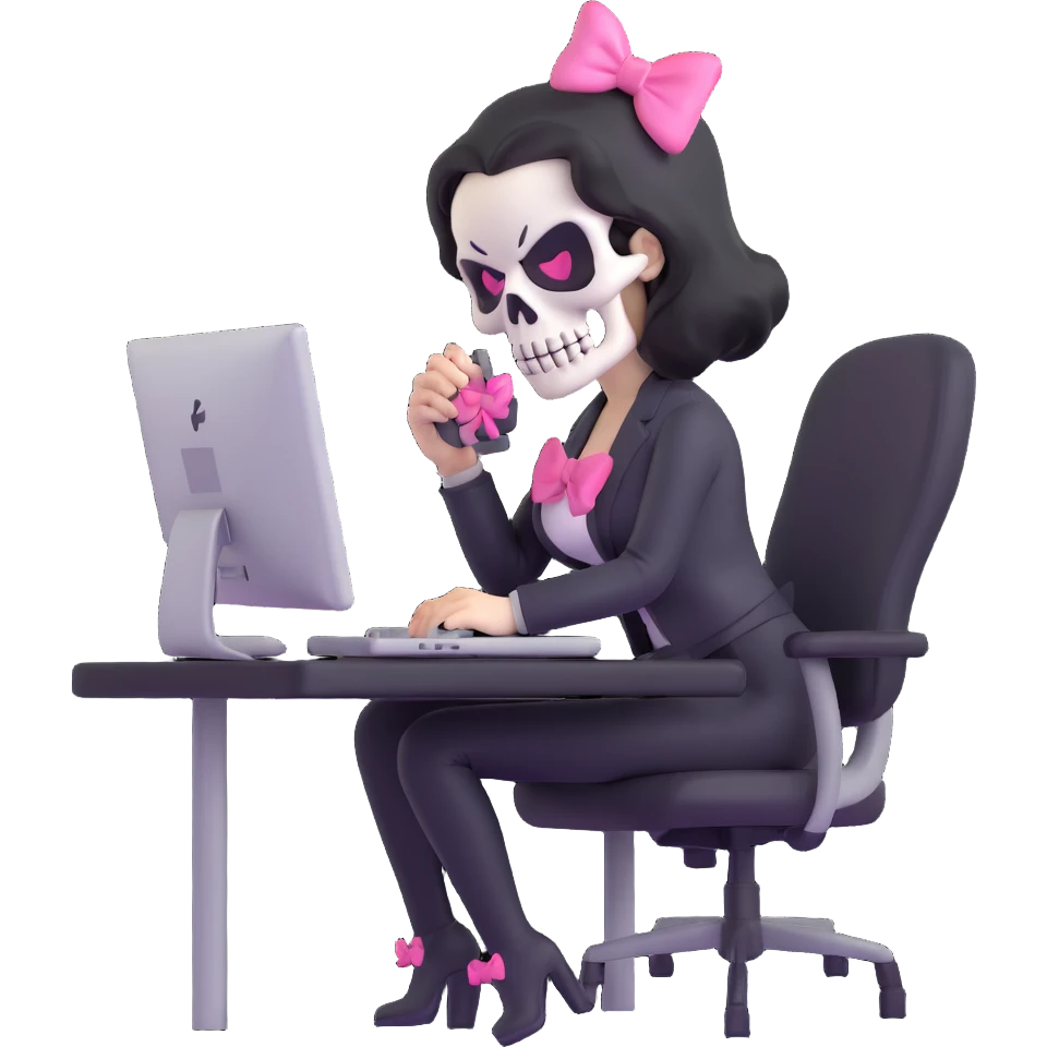 female Punisher skull character with pink bow working on computer emoji