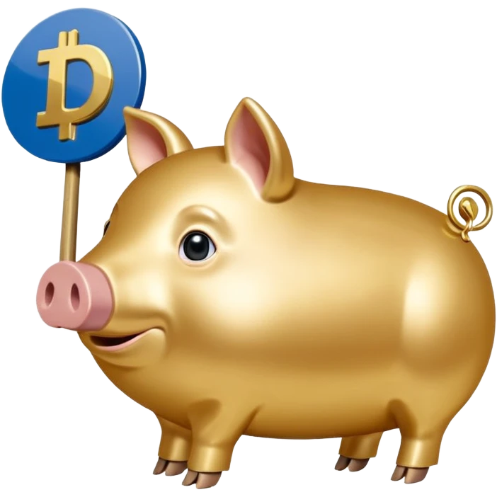 Ein stilisiertes Sparschwein, in das von oben eine Münze fällt. Daneben oder leicht dahinter ein kleines Schild, das Sicherheit symbolisiert. emoji