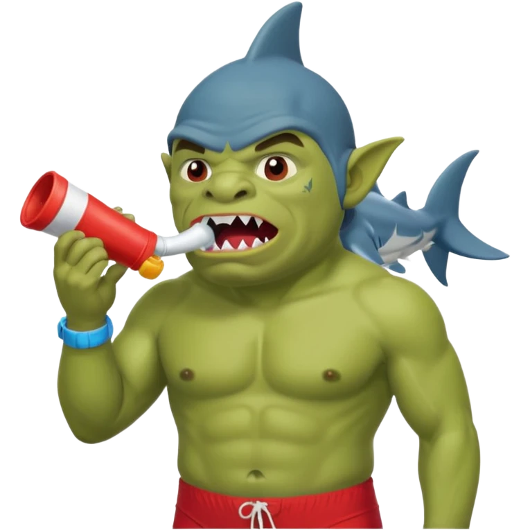 orc male in shark floatie, blowing whistle. Red swim trunks emoji