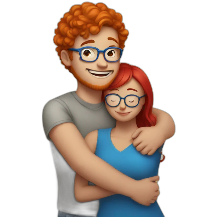 a boy and a curvy girl with red hair and blue glasses hugging emoji