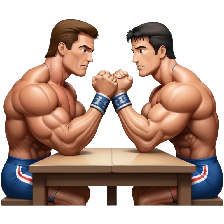 Arnold Schwarzenegger VS Sylvester Stallone from 'Over the Top,' locked in an arm wrestling battle, using only their right hands. Their left hands rest on the table. Both display immense strength, with muscular arms flexing, under bright competition lights. Transparent background. emoji