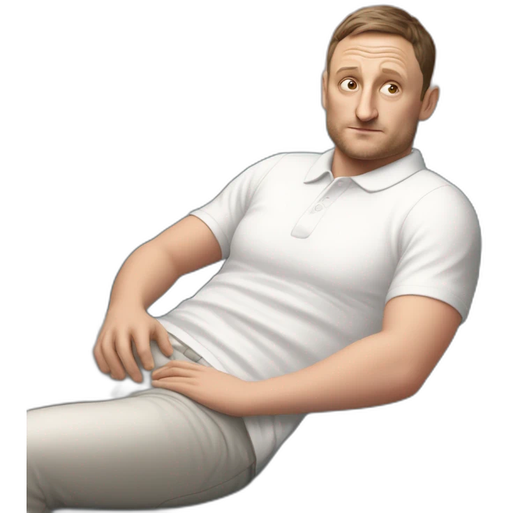 tim robinson very tired laying down on a red couch in a long sleeve white polo shirt, chest up clean shaven, laying flat across couch, arms at side emoji