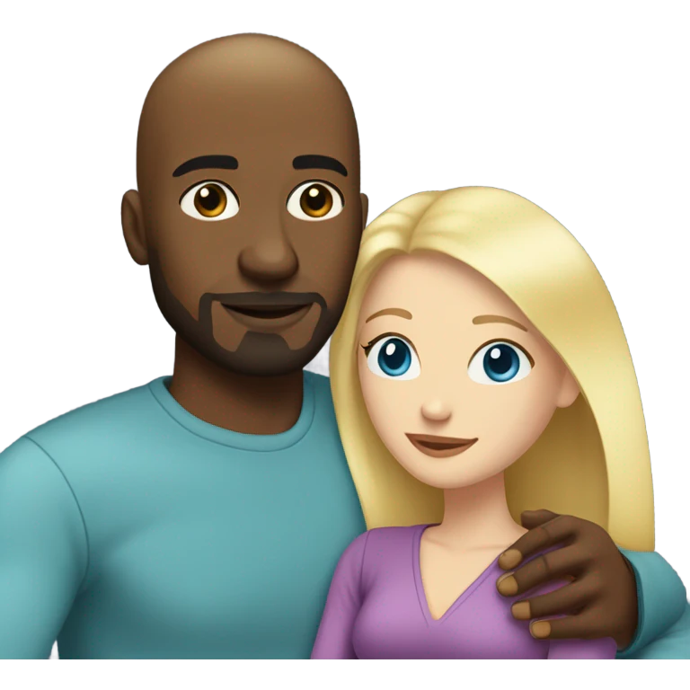 Blonde woman with blue eyes and long straight hair and black man who is bald with a goatee seated together on a sofa enjoying a passionate embrace.   emoji