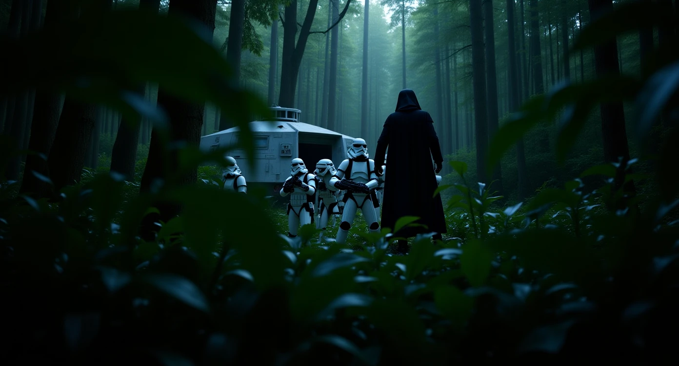 cinematic still, Closeup shot, amazon jungle,  blurred plants in the foreground (frame within a frame), Darth Vader around stormtroopers coming out from starship on ground, they are exploring the jungle, inspired by StarWars movie, captured by arri alexa emoji