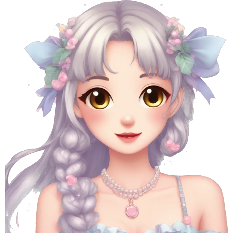 Gorgeous anime style lady with blushing face and accessories cottagecore fairycore Kawaii anime colorful pearly romantic aesthetic trending style emoji