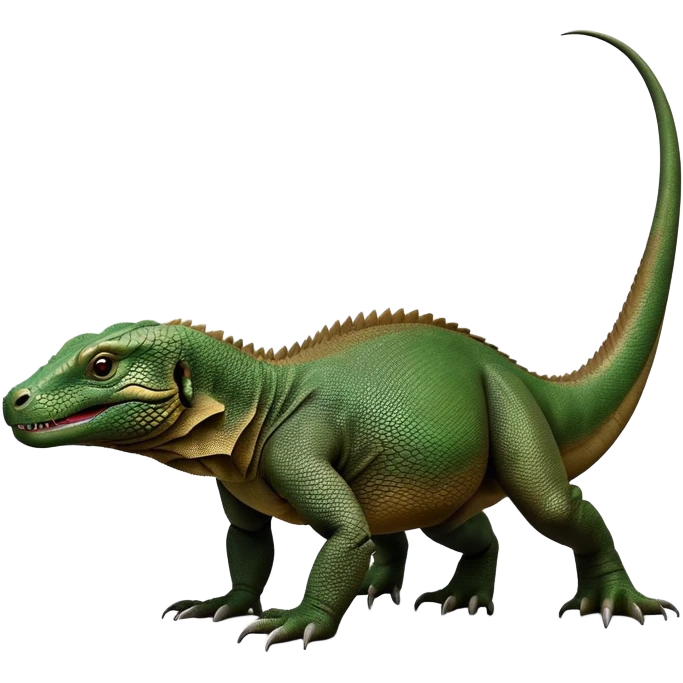 cinematic-komodo-dragon-realistic-full-body-on all fours-emoji,-massive-scaled-body-poised-with-quiet-power,-rough-textured-skin-dark-green-and-brown,-head-tilted-dramatically,-long-forked-tongue-flicking-out,-simplified-yet-realistic-focused-features,-highly-detailed,-glowing-with-an-almost-sarcastic-glow emoji