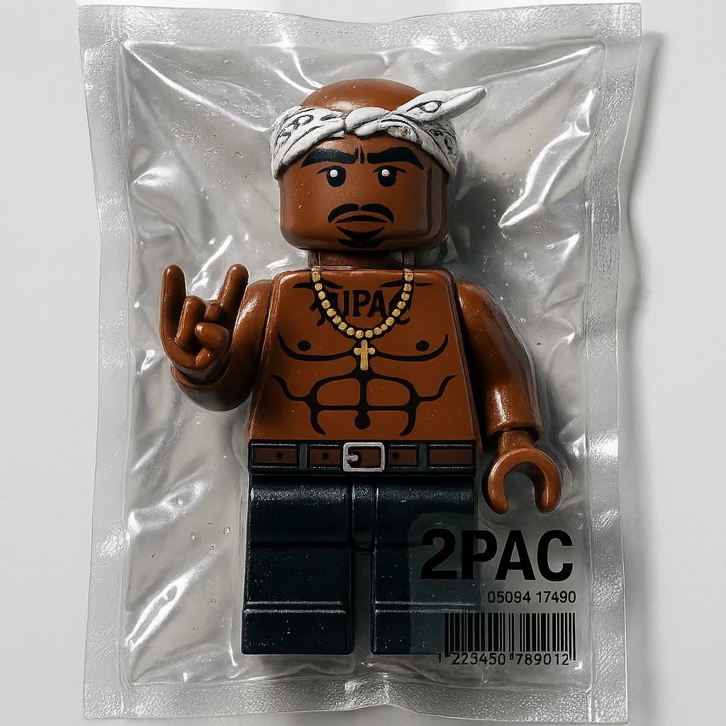 Lego minifigure of 2Pac, with signature bandana and West Coast style, glossy emoji