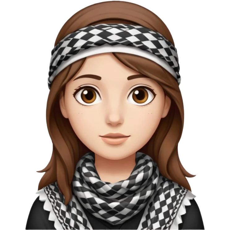 A girl wearing a Palestinian keffiyeh, brown hair, beautiful, and fair-skinned, a teenager emoji