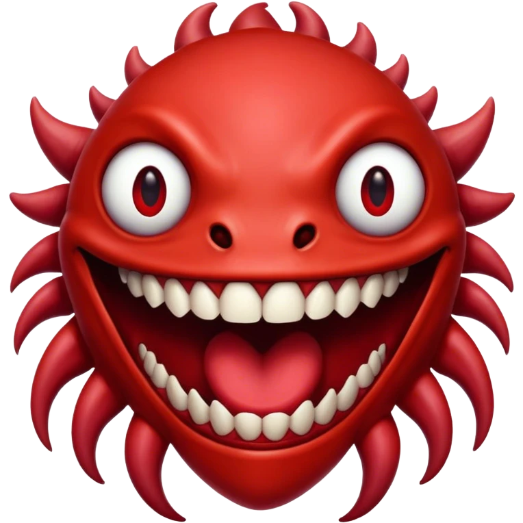Creature comes out of the eye of a creature who has red skin and a wide smile with long teeth emoji