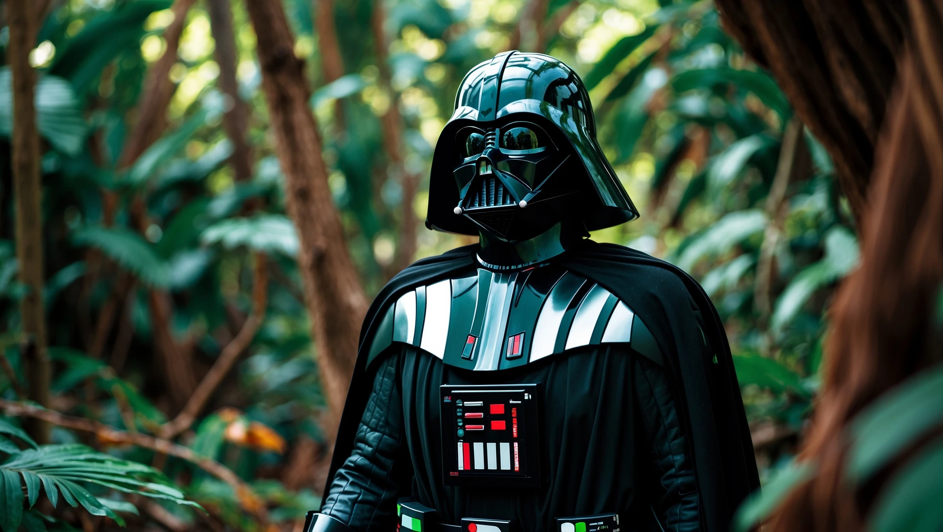 cinematic still, documentary photography, amazon jungle, well lit scene, Darth Vader is exploring the jungle, close up, front shot, rule of thirds emoji