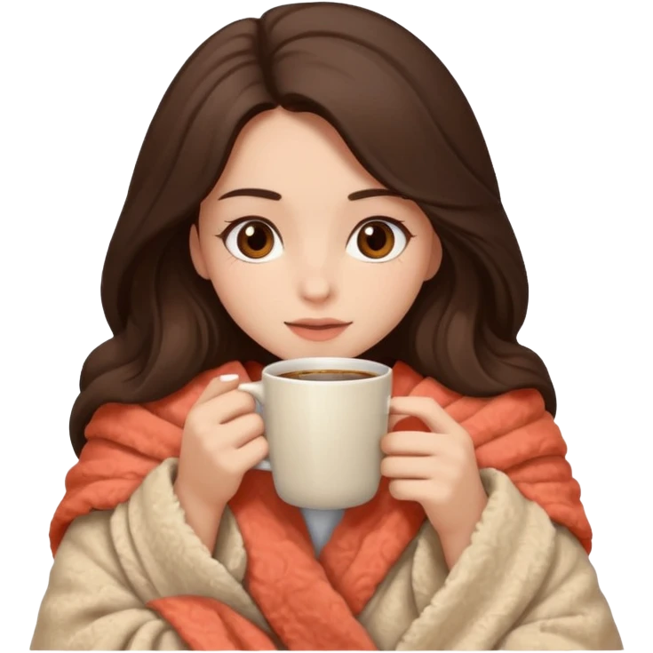 Девушка брюнетка с длинными волосами, костями глазами укутана в пушистый плед бежевого цвета и пьет кофе. Картинка должна были в цветах: бежевый, коралловый и коричневый emoji