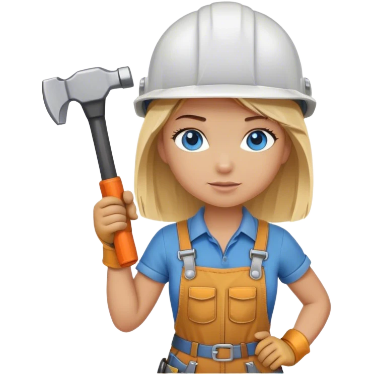 A blond girl blue eyes, handyman Outfit, wearing a Helmet and a Hammer, Whole body  emoji